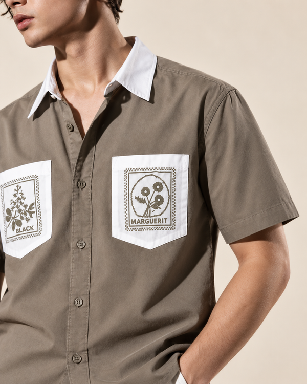 Izi Beige Double Pocket Embroidery Shirt