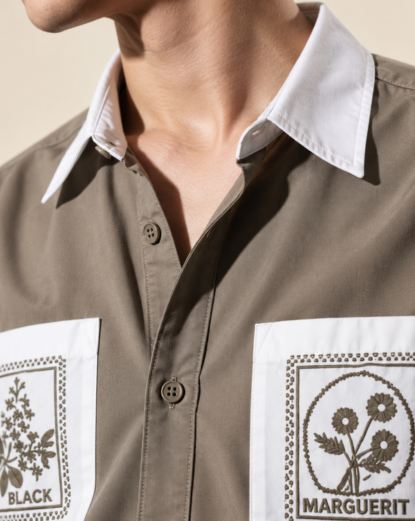 Izi Beige Double Pocket Embroidery Shirt