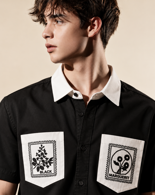 Izi Black Double Pocket Embroidery Shirt