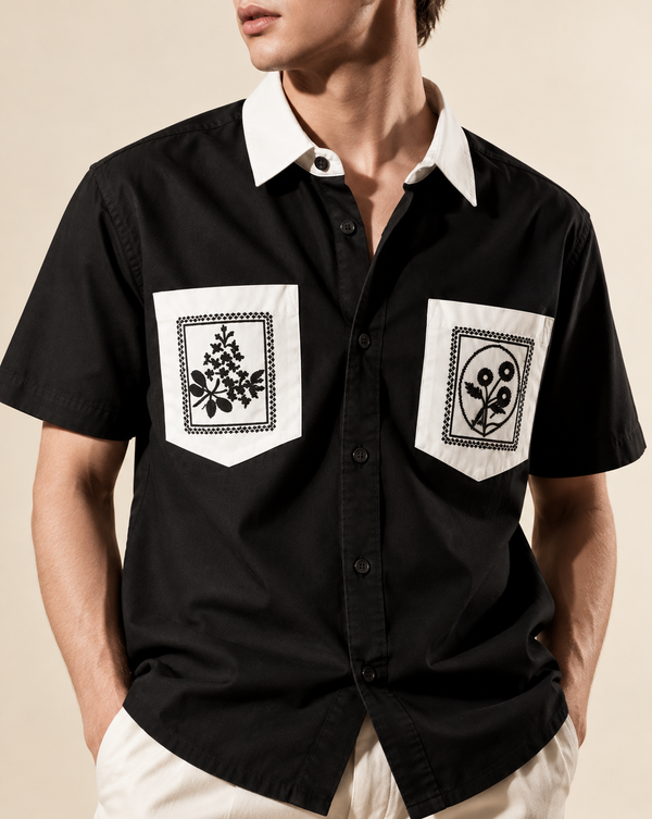 Izi Black Double Pocket Embroidery Shirt