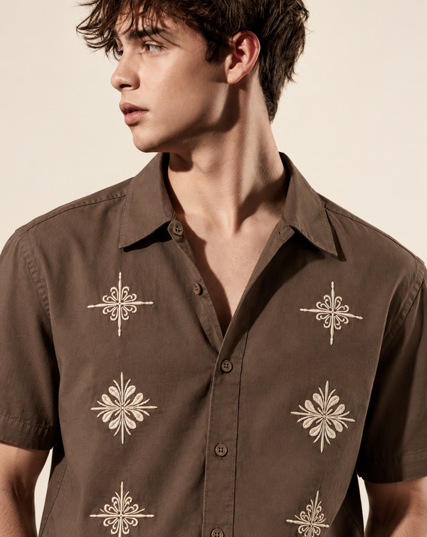 Izi Brown Heritage Floral Embroidered Shirt