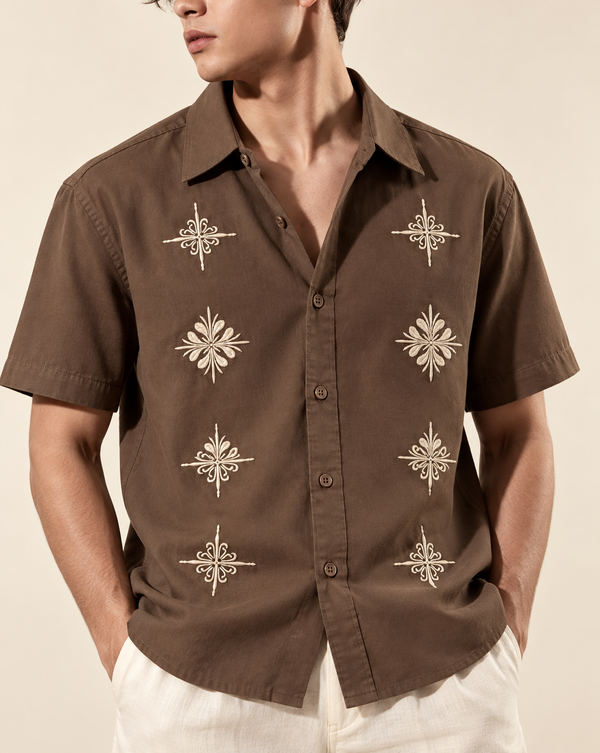 Izi Brown Heritage Floral Embroidered Shirt