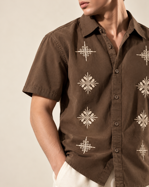 Izi Brown Heritage Floral Embroidered Shirt