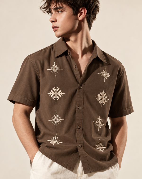 Izi Brown Heritage Floral Embroidered Shirt