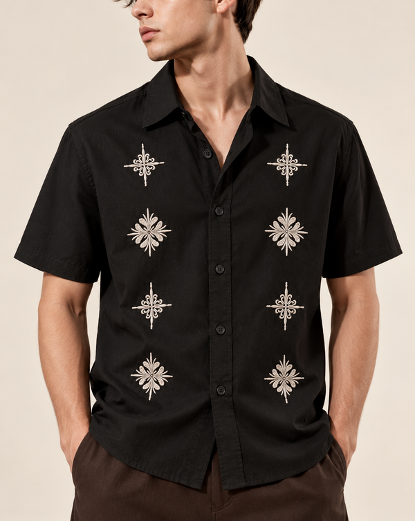 Izi Black Heritage Floral Embroidered Shirt