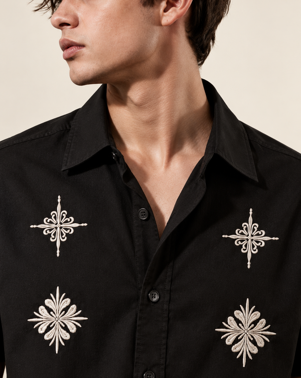 Izi Black Heritage Floral Embroidered Shirt