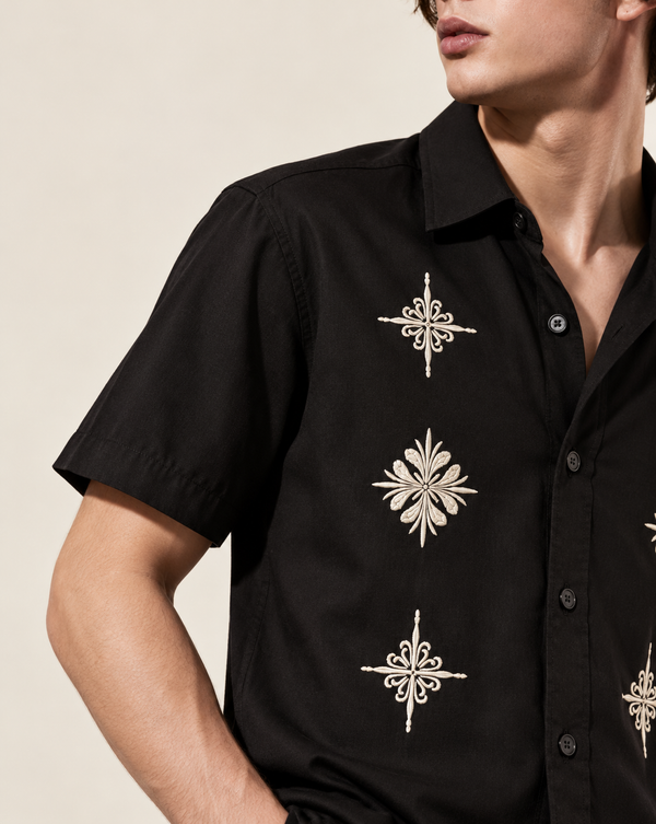 Izi Black Heritage Floral Embroidered Shirt