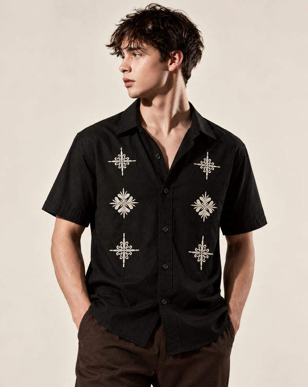 Izi Black Heritage Floral Embroidered Shirt