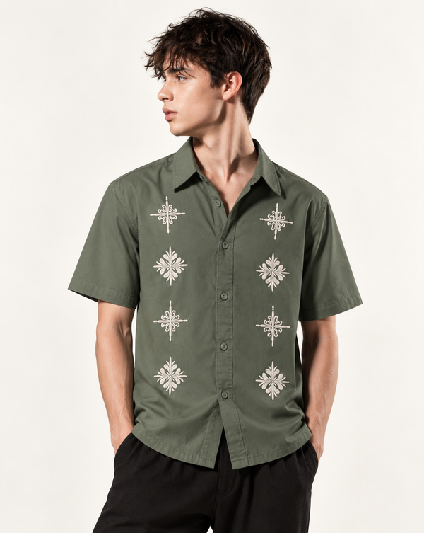 Izi Green Heritage Floral Embroidered Shirt