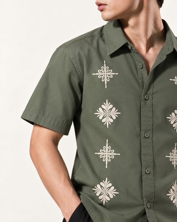Izi Green Heritage Floral Embroidered Shirt