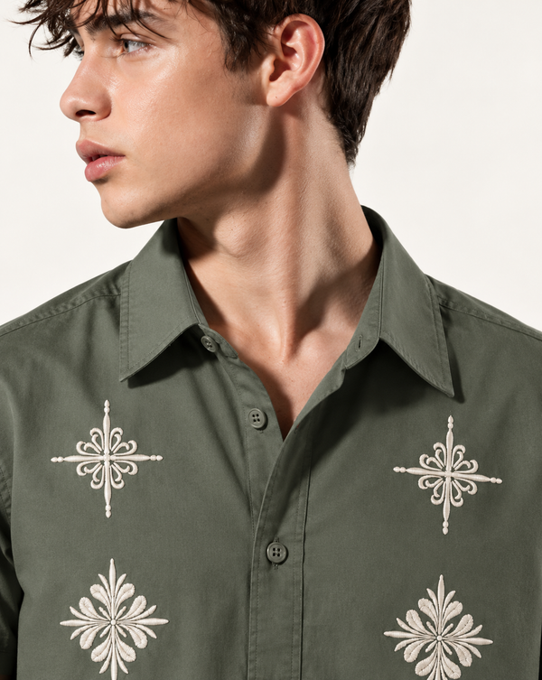 Izi Green Heritage Floral Embroidered Shirt