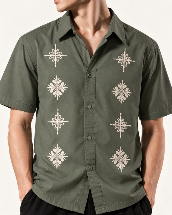 Izi Green Heritage Floral Embroidered Shirt