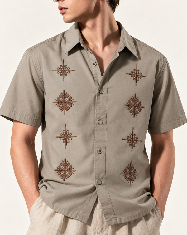Izi Beige Heritage Floral Embroidered Shirt