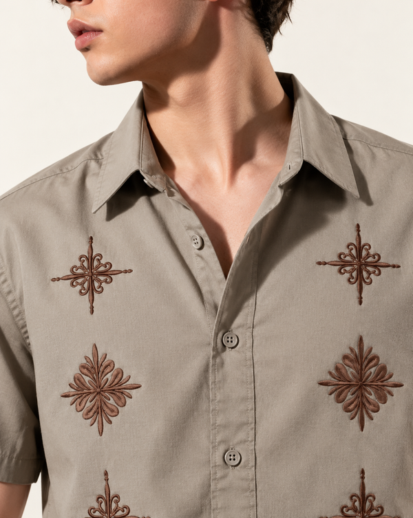Izi Beige Heritage Floral Embroidered Shirt