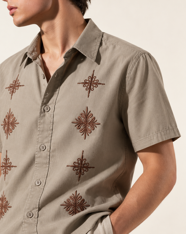 Izi Beige Heritage Floral Embroidered Shirt