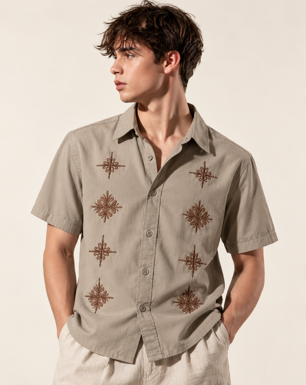Izi Beige Heritage Floral Embroidered Shirt