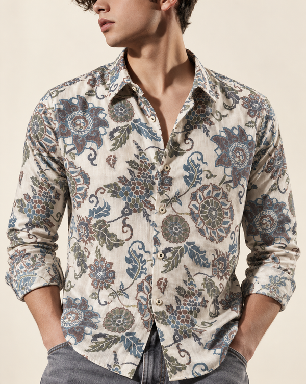 Ilyzly Off White Floral Heritage Print Shirt