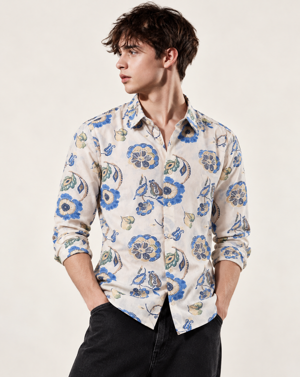 Ilyzly White Blue Botanical Floral Shirt