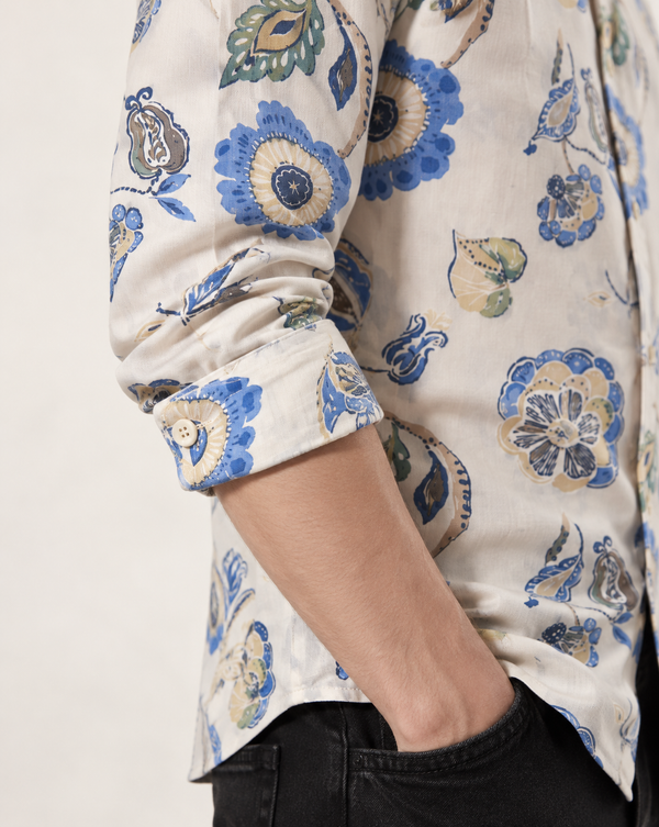 Ilyzly White Blue Botanical Floral Shirt