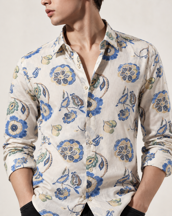 Ilyzly White Blue Botanical Floral Shirt