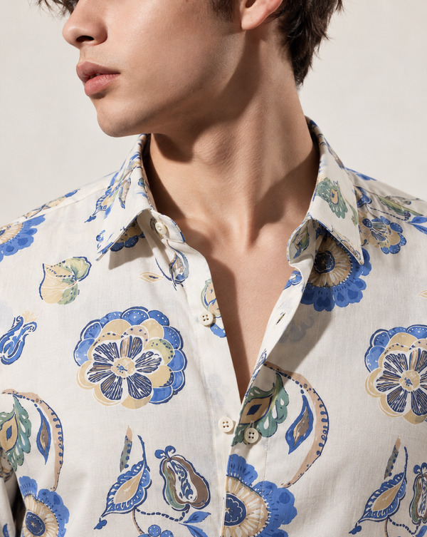 Ilyzly White Blue Botanical Floral Shirt