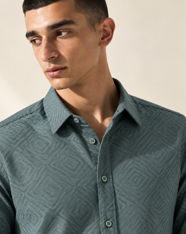 Izi Sage Green Geometric Jacquard Shirt