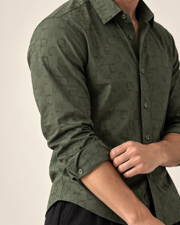 IZI Green Textured Square Jacquard Shirt