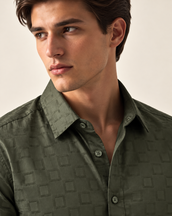 IZI Green Textured Square Jacquard Shirt