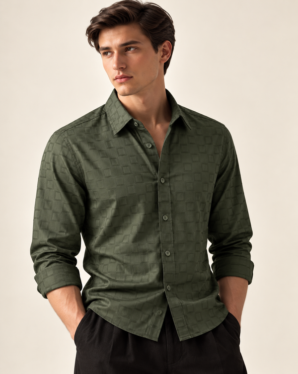 IZI Green Textured Square Jacquard Shirt