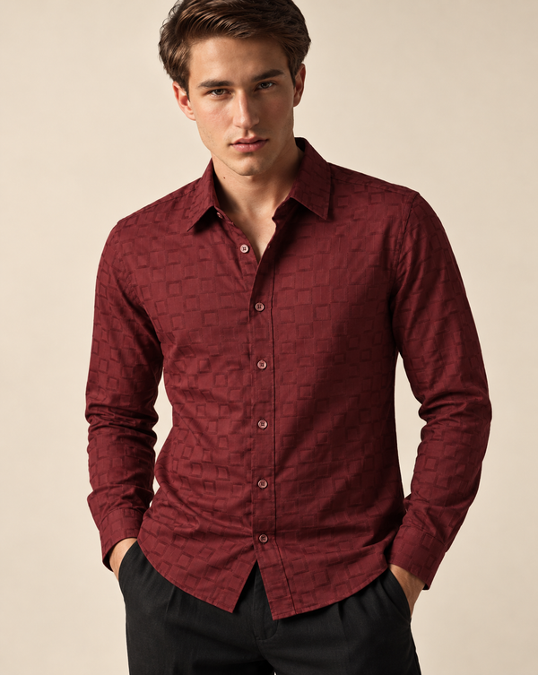 IZI Maroon Textured Square Jacquard Shirt