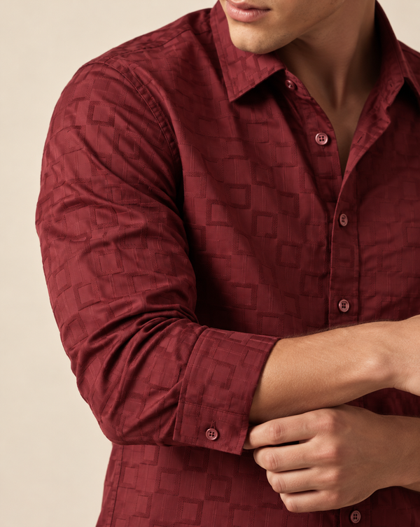 IZI Maroon Textured Square Jacquard Shirt