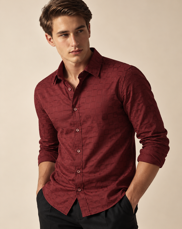 IZI Maroon Textured Square Jacquard Shirt