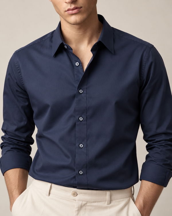 Ilyzly Navy Blue Classic Stain Plain Formal Shirt