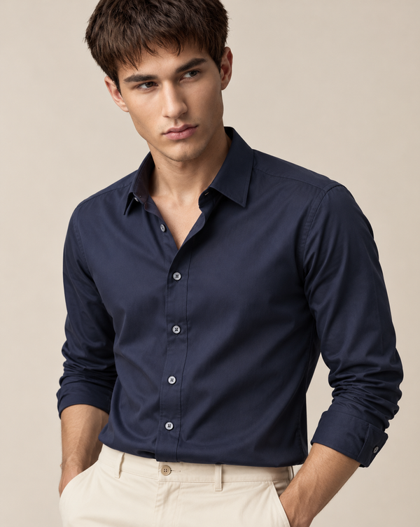 Ilyzly Navy Blue Classic Stain Plain Formal Shirt