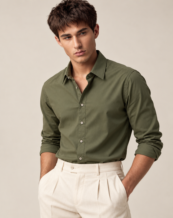Ilyzly Olive Green Classic Stain Plain Formal Shirt