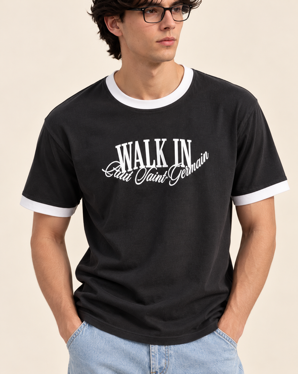 Black Walk In Graphic Ringer Izi T Shirt