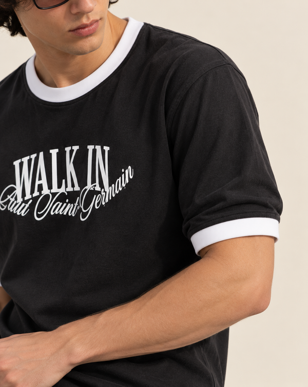 Black Walk In Graphic Ringer Izi T Shirt