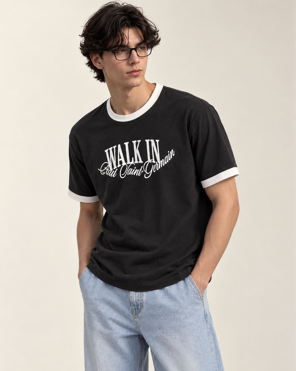 Black Walk In Graphic Ringer Izi T Shirt