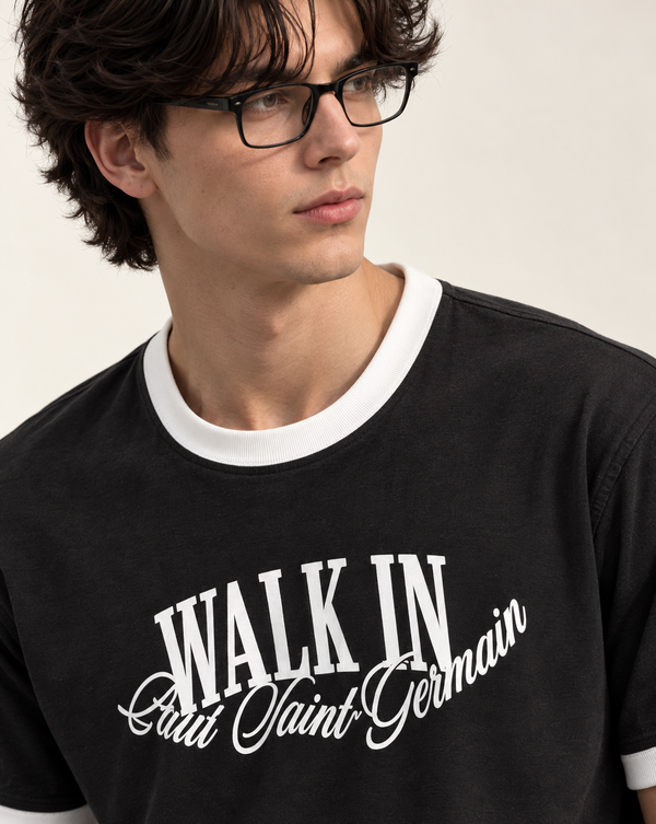 Black Walk In Graphic Ringer Izi T Shirt