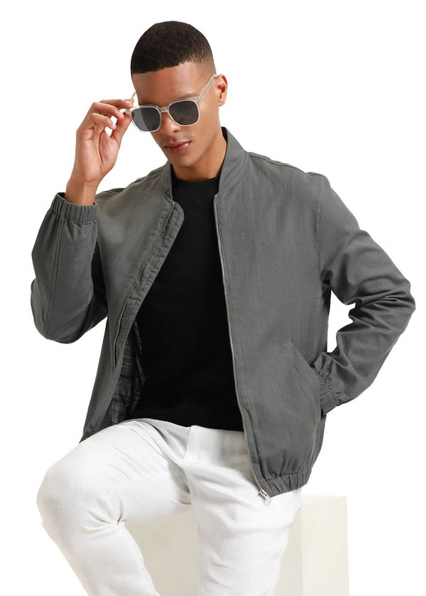 Steel grey dapper cotton linen zipper jackets