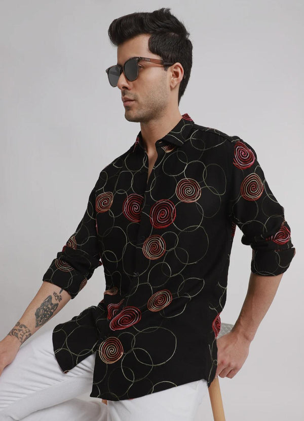 black circular embroidered shirt