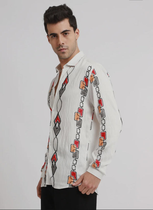 White abstract embroidered shirt