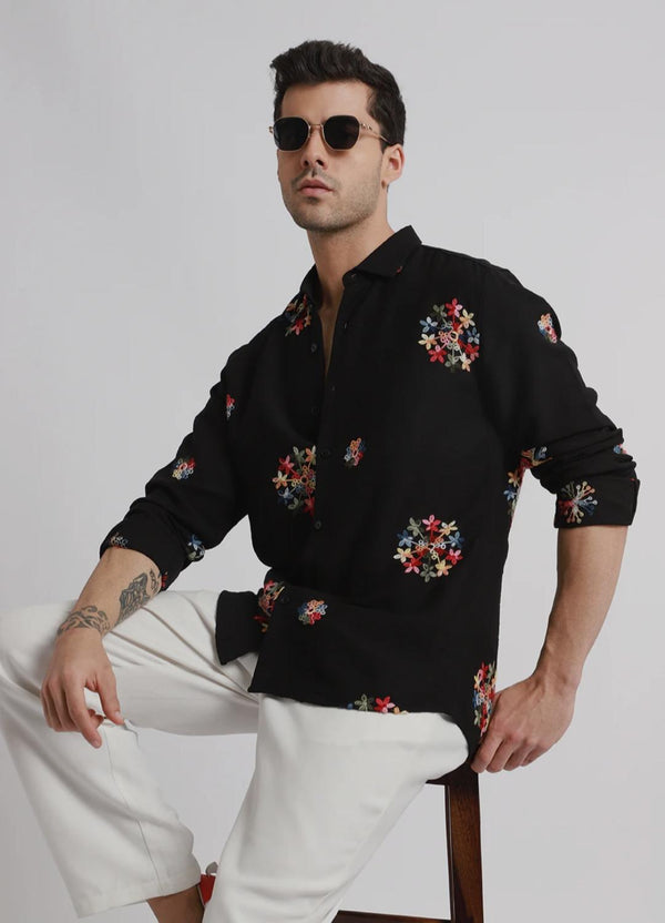 Black floral embroidered shirt