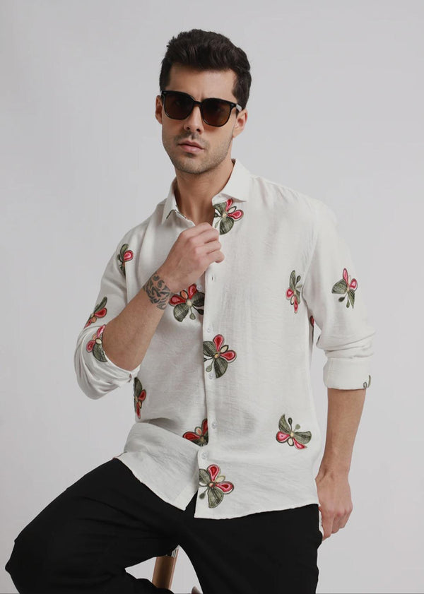 White butterfly embroidered shirt