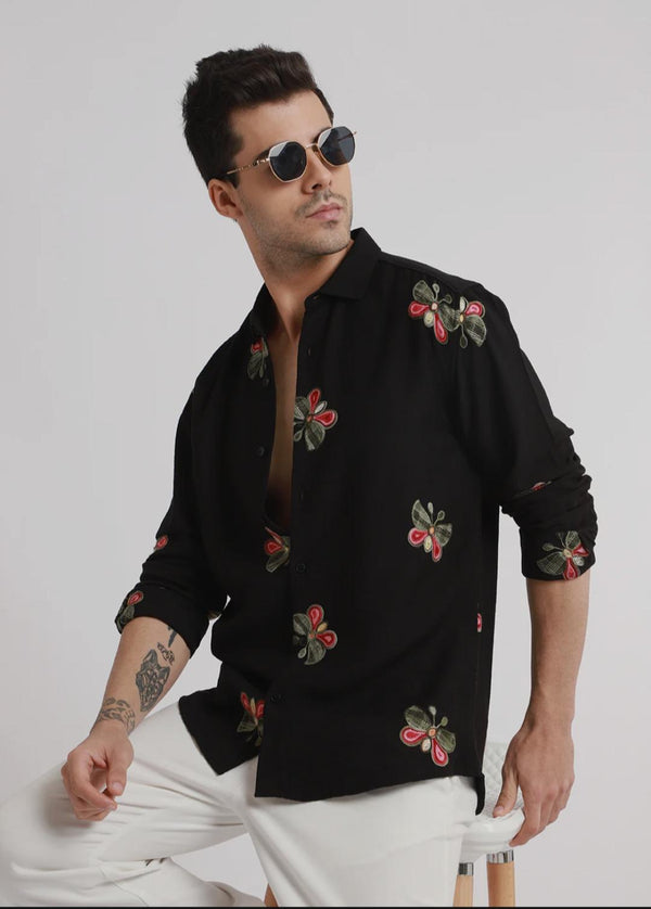 Black butterfly embroidered shirt