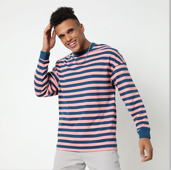 Pink Full Sleeve Striped T-shirt For Men
