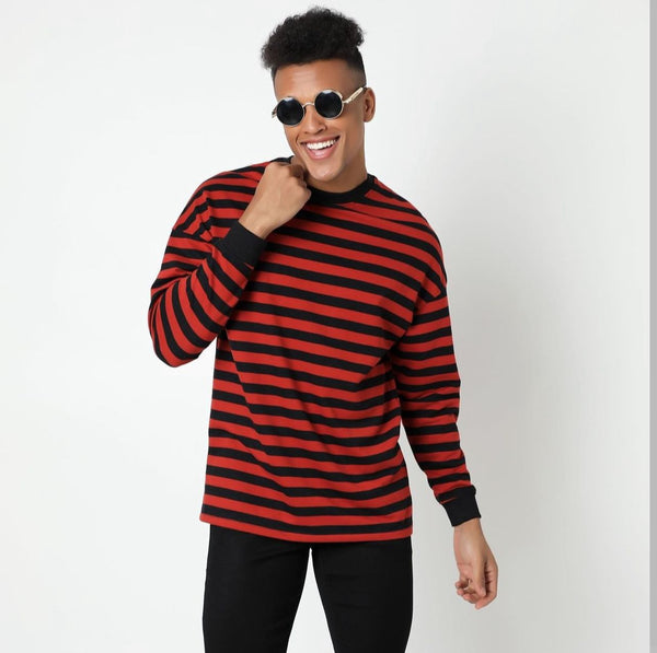 Red full sleeve striped tshirt for men