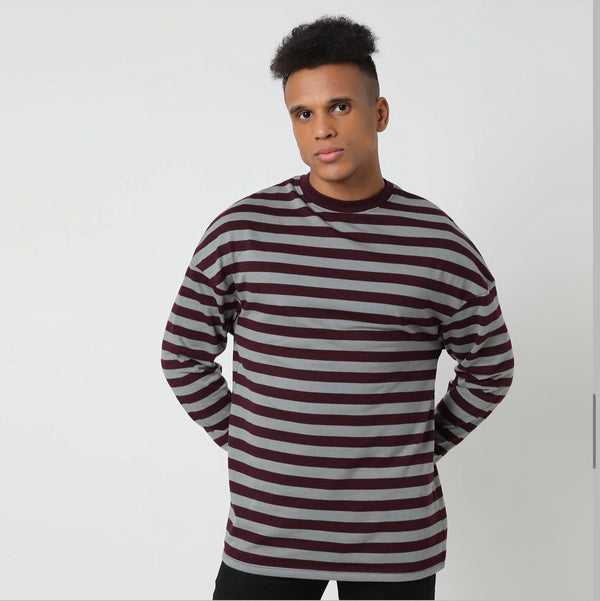 Maroon Full Sleeve Striped T-shirt For Men