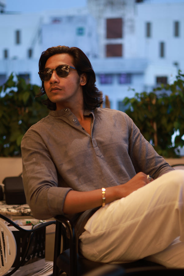 Blue Mandarin Collar Self Design Shirt