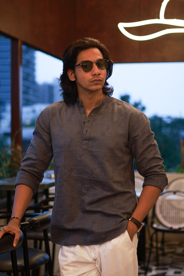 Blue Mandarin Collar Self Design Shirt